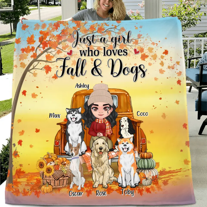 Custom Personalized Dog Mom Fall Season Quilt/Single Layer Fleece Blanket - Gift Idea For Dog Lovers - Up To 5 Dogs - Just A Girl Who Loves Fall & Dogs