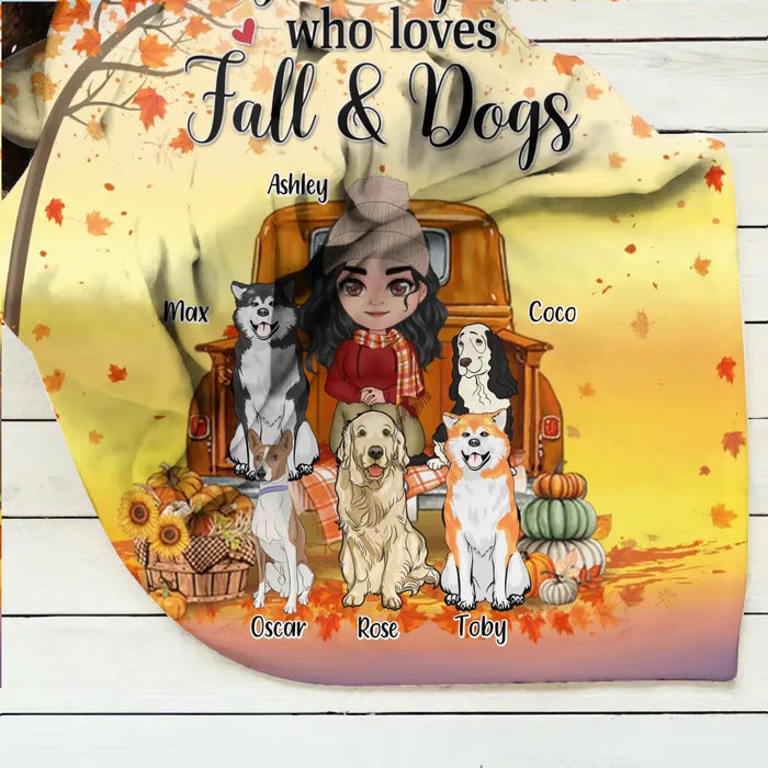 Custom Personalized Dog Mom Fall Season Quilt/Single Layer Fleece Blanket - Gift Idea For Dog Lovers - Up To 5 Dogs - Just A Girl Who Loves Fall & Dogs