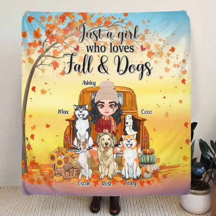 Custom Personalized Dog Mom Fall Season Quilt/Single Layer Fleece Blanket - Gift Idea For Dog Lovers - Up To 5 Dogs - Just A Girl Who Loves Fall & Dogs