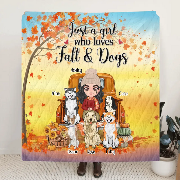 Custom Personalized Dog Mom Fall Season Quilt/Single Layer Fleece Blanket - Gift Idea For Dog Lovers - Up To 5 Dogs - Just A Girl Who Loves Fall & Dogs