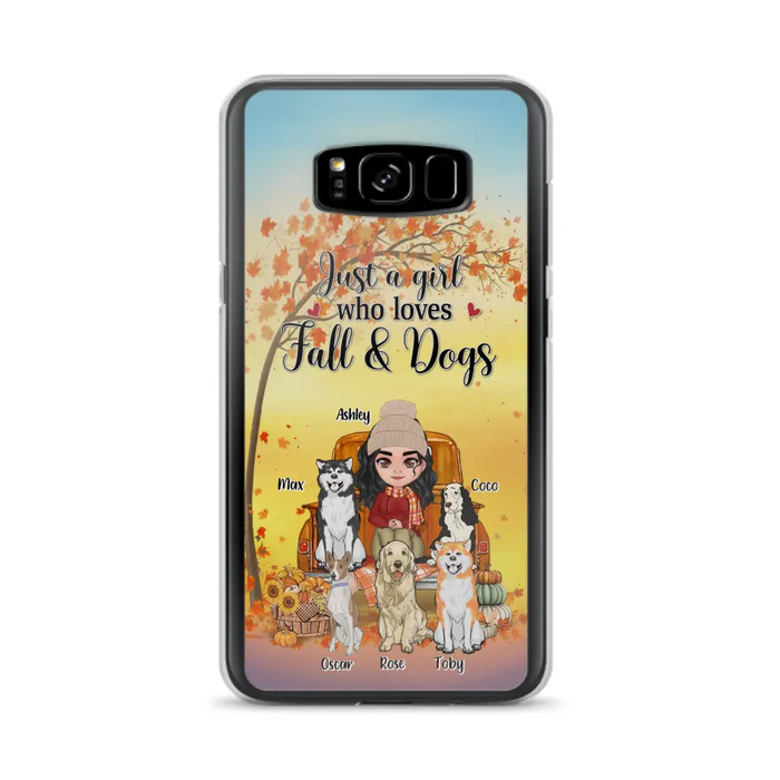 Custom Personalized Dog Mom Fall Season Phone Case - Autumn Gift Idea For Dog Owners - Upto 5 Dogs -  Case For iPhone/Samsung - Just A Girl Who Loves Fall & Dogs