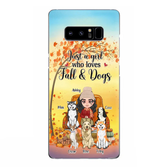 Custom Personalized Dog Mom Fall Season Phone Case - Autumn Gift Idea For Dog Owners - Upto 5 Dogs -  Case For iPhone/Samsung - Just A Girl Who Loves Fall & Dogs