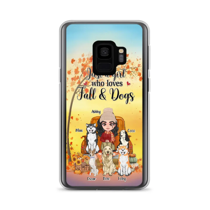 Custom Personalized Dog Mom Fall Season Phone Case - Autumn Gift Idea For Dog Owners - Upto 5 Dogs -  Case For iPhone/Samsung - Just A Girl Who Loves Fall & Dogs