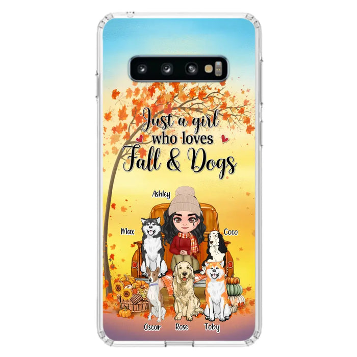 Custom Personalized Dog Mom Fall Season Phone Case - Autumn Gift Idea For Dog Owners - Upto 5 Dogs -  Case For iPhone/Samsung - Just A Girl Who Loves Fall & Dogs