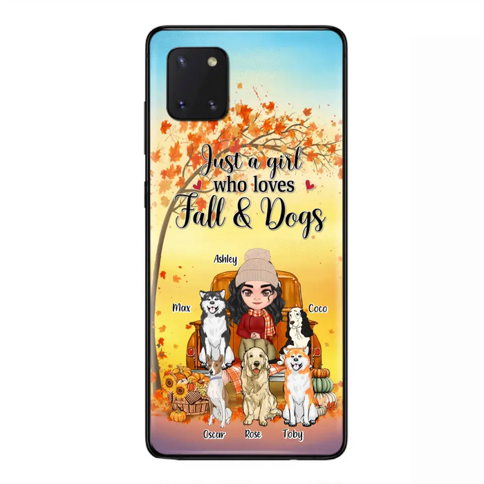 Custom Personalized Dog Mom Fall Season Phone Case - Autumn Gift Idea For Dog Owners - Upto 5 Dogs -  Case For iPhone/Samsung - Just A Girl Who Loves Fall & Dogs