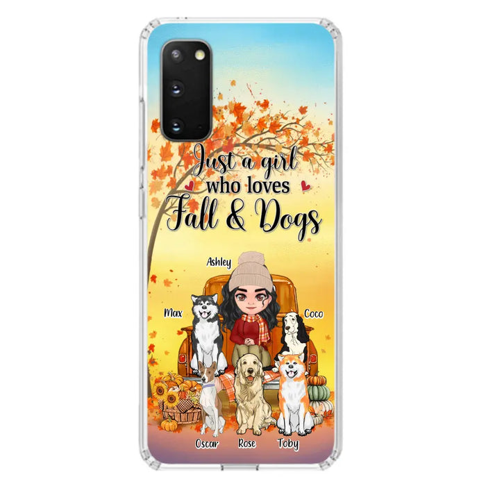 Custom Personalized Dog Mom Fall Season Phone Case - Autumn Gift Idea For Dog Owners - Upto 5 Dogs -  Case For iPhone/Samsung - Just A Girl Who Loves Fall & Dogs