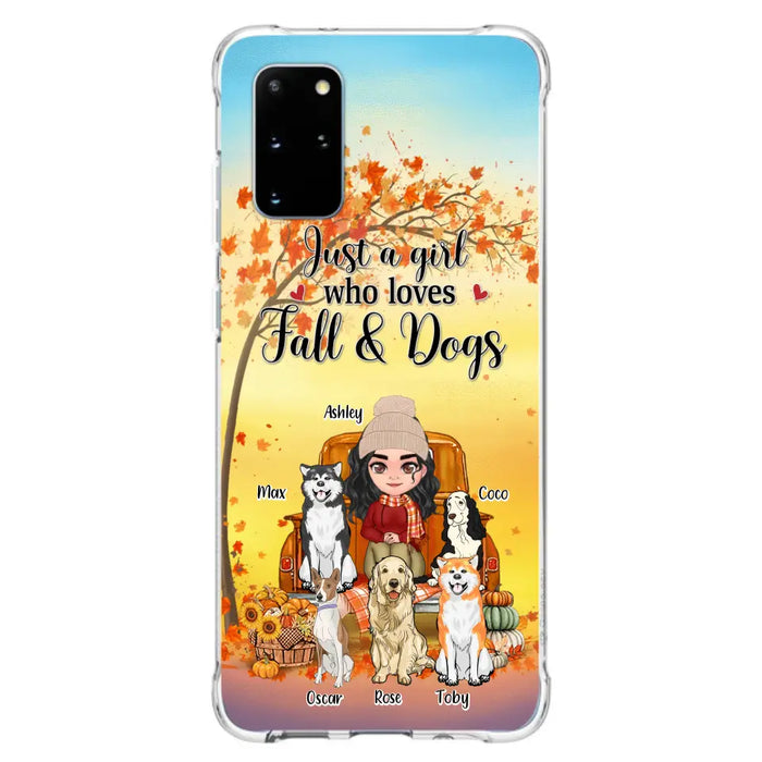 Custom Personalized Dog Mom Fall Season Phone Case - Autumn Gift Idea For Dog Owners - Upto 5 Dogs -  Case For iPhone/Samsung - Just A Girl Who Loves Fall & Dogs