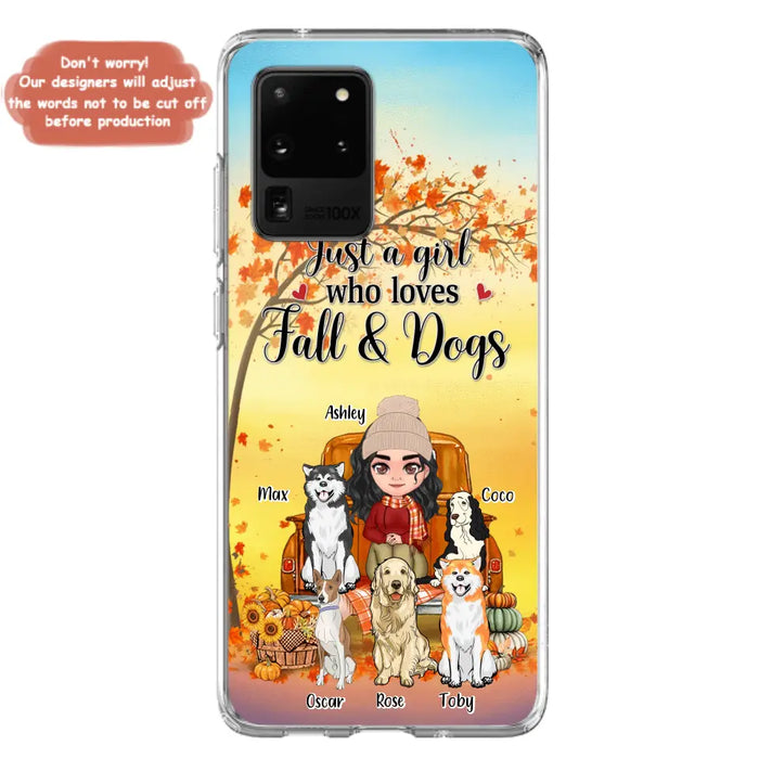 Custom Personalized Dog Mom Fall Season Phone Case - Autumn Gift Idea For Dog Owners - Upto 5 Dogs -  Case For iPhone/Samsung - Just A Girl Who Loves Fall & Dogs