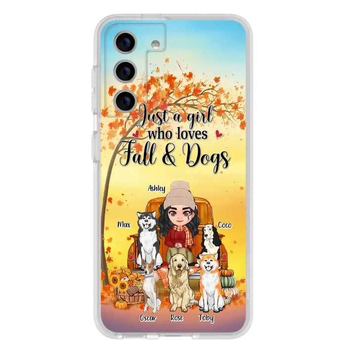 Custom Personalized Dog Mom Fall Season Phone Case - Autumn Gift Idea For Dog Owners - Upto 5 Dogs -  Case For iPhone/Samsung - Just A Girl Who Loves Fall & Dogs