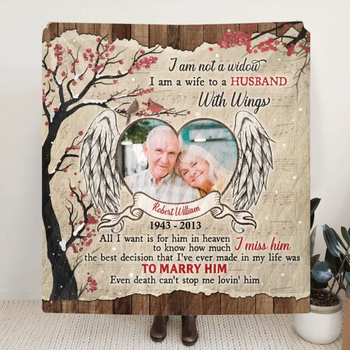 Custom Memorial Photo Single Layer Fleece/Quilt Blanket/Pillow Cover - Memorial Gift Idea for Family - I Am A Wife To A Husband With Wings