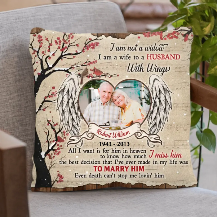 Custom Memorial Photo Single Layer Fleece/Quilt Blanket/Pillow Cover - Memorial Gift Idea for Family - I Am A Wife To A Husband With Wings