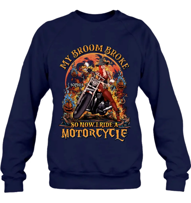 Custom Personalized Witch Biker Shirt/Hoodie -  Halloween Gift Idea for Bikers - My Broom Broke So Now I Ride A Motorcycle