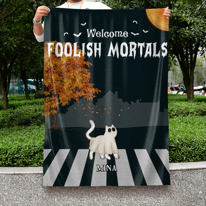 Custom Personalized Halloween Cat Flag Sign - Gift Idea For Cat Lovers - Upto 6 Cats - Welcome Foolish Mortals