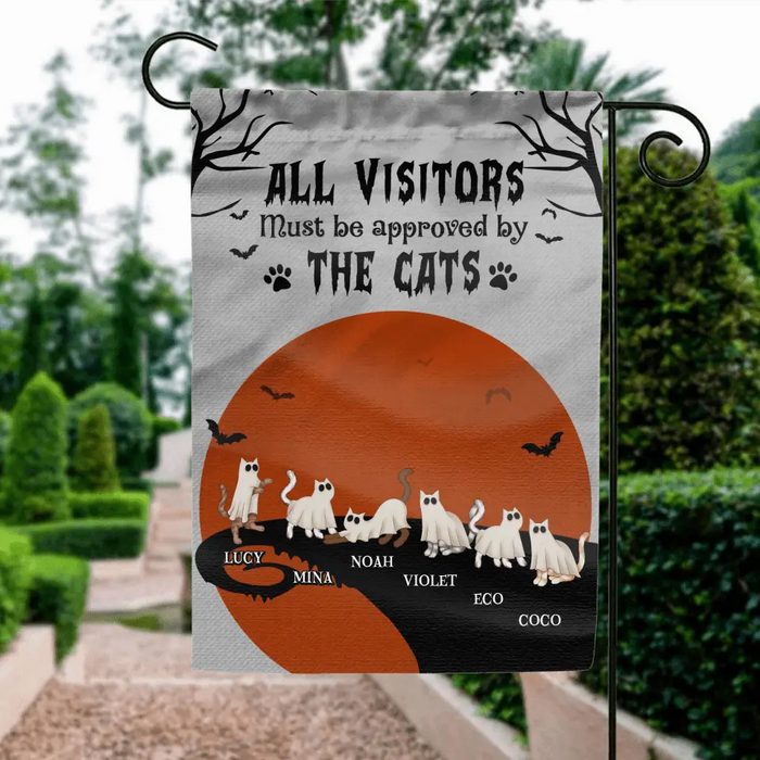 Custom Personalized Halloween Cat Flag Sign - Gift Idea For Cat Lovers - Upto 6 Cats - All Visitors Must Be Approved By The Cats