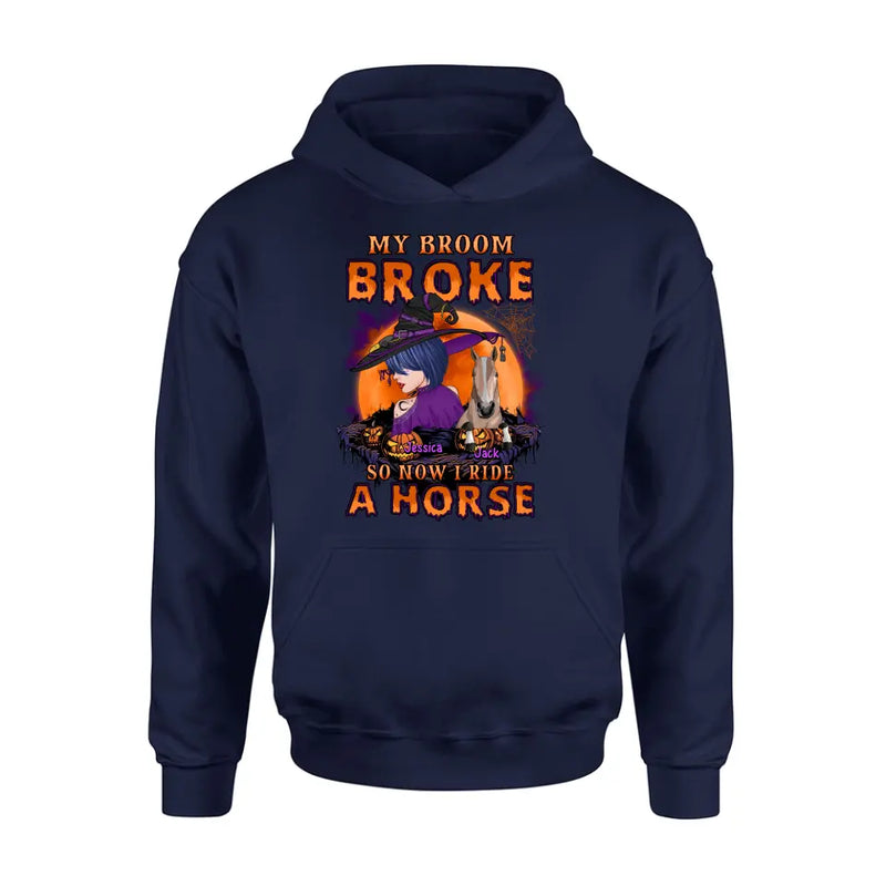 Personalized Witch Shirt/Hoodie - Up to 2 Horses/Dogs/Cats - Halloween Gift Idea for Horse Lovers - My Broom Broke So Now I Ride A Horse