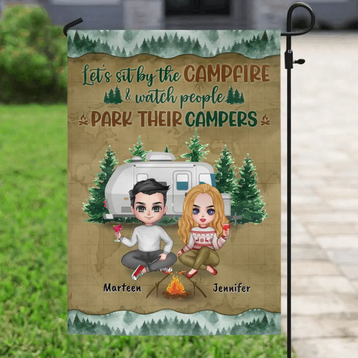 Custom Personalized Camping Couple And Dog Flag Sign - Couple With Upto 2 Dogs - Gift Idea For Couple - Let's Sit By The Campfire