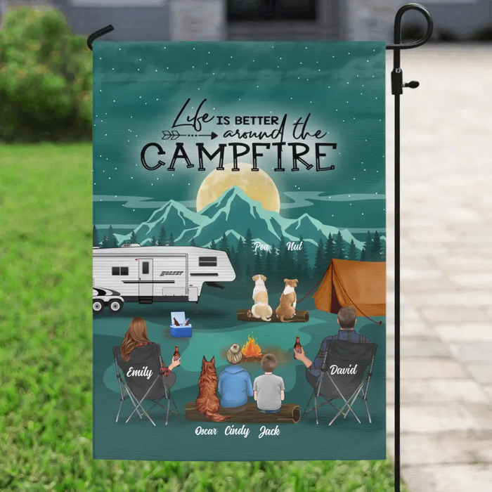 Custom Personalized Night Camping Garden Flag Sign - Best Gift For Camping Family/Couple/Single Parent/Solo - Upto 4 Kids and 3 Pets - Life Is Better Around The Campfire