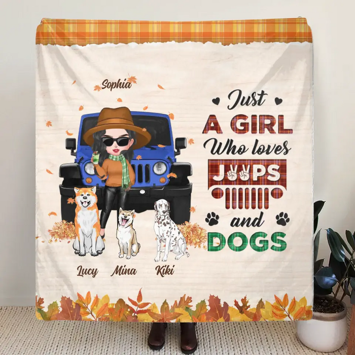 Custom Personalized Off-road Autumn Girl Single Layer Fleece/Quilt Blanket - Gift Idea For Girl/Dog Lovers - Upto 3 Dogs - Just A Girl