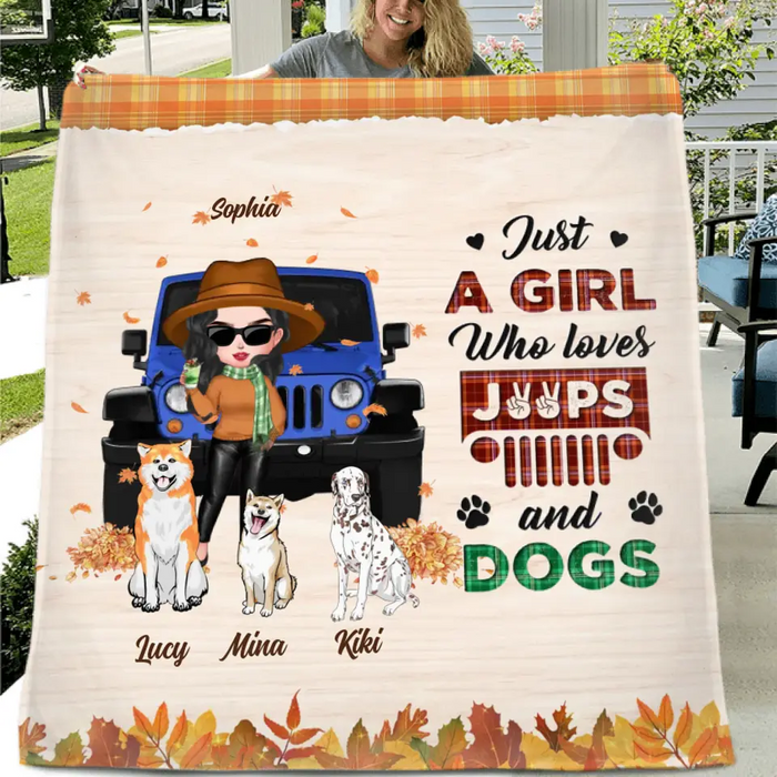 Custom Personalized Off-road Autumn Girl Single Layer Fleece/Quilt Blanket - Gift Idea For Girl/Dog Lovers - Upto 3 Dogs - Just A Girl