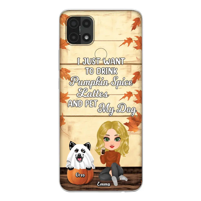 Custom Personalized Girl Dog/Cat Phone Case - Upto 5 Pets - Autumn Gift For Dog/Cat Lover - I Just Want To Drink Pumpkin Spice Lattes And Pet My Dogs - Case For Xiaomi/ Oppo/ Huawei