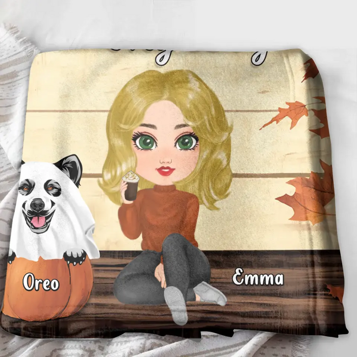 Custom Personalized Girl Dog/Cat Single Layer Fleece/ Quilt Blanket - Upto 5 Pets - Autumn Gift For Dog/Cat Lover - I Just Want To Drink Pumpkin Spice Lattes And Pet My Dogs