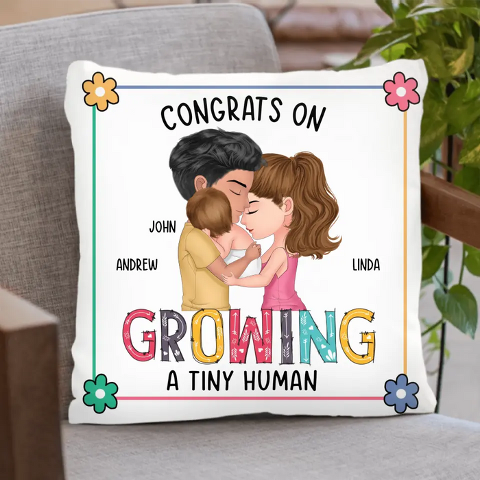 Custom Personalized Family Pillow Cover/Single Layer Fleece/Quilt Blanket - Gift Idea For Parents & Baby - Congrats On Growing A Tiny Human