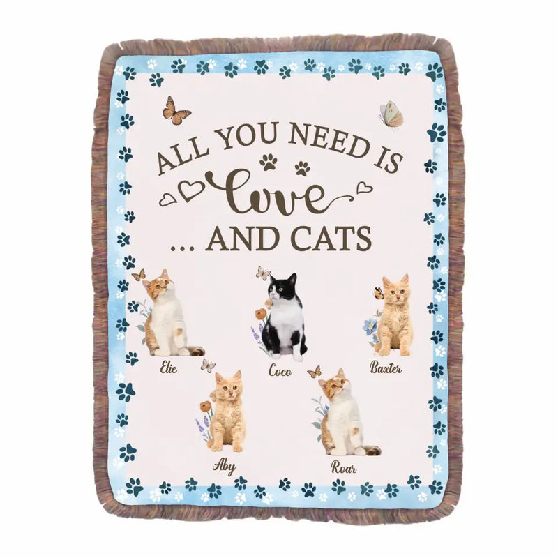 Personalized Cat Photo Fringe Blanket - Up To 5 Photos - Gift Idea For Cat Lover - All You Need Is Love And Cats
