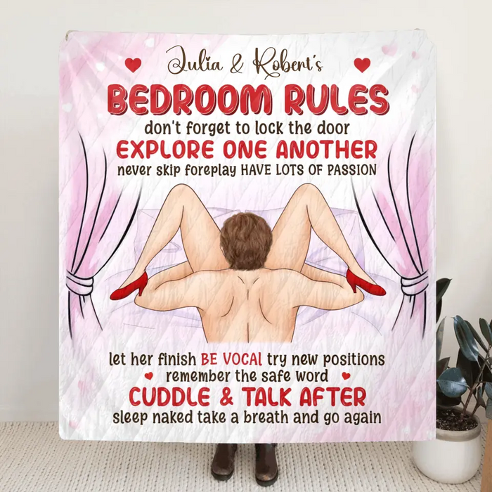 Personalized Couple Single Layer Fleece/Quilt Blanket - Anniversary/Wedding Gift Idea for Couple - Bedroom Rules Don't Forget To Lock The Door
