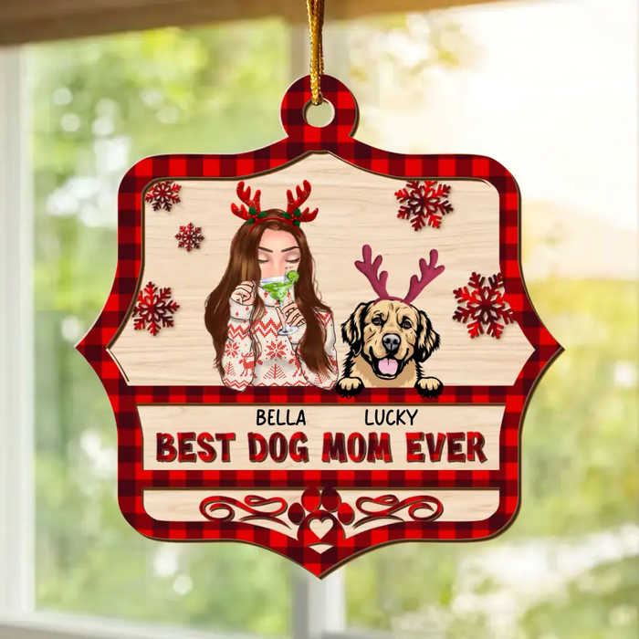 Custom Personalized Dog Mom 2 Layered Wooden Ornament - Upto 4 Dogs - Christmas Gift Idea for Dog Lovers - Best Dog Mom Ever