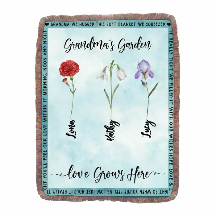 Personalized Grandma Garden Fringe Blanket - Gift Idea For Grandma - Upto 12 Flowers - Grandma's Garden