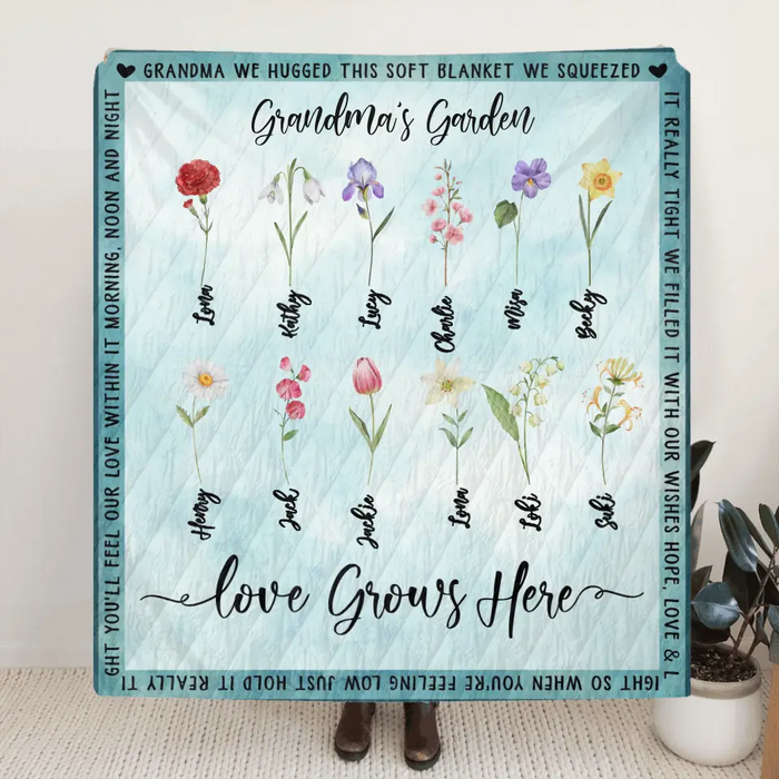 Personalized Grandma Garden Quilt/Single Layer Fleece Blanket - Gift Idea For Grandma - Upto 12 Flowers - Grandma's Garden