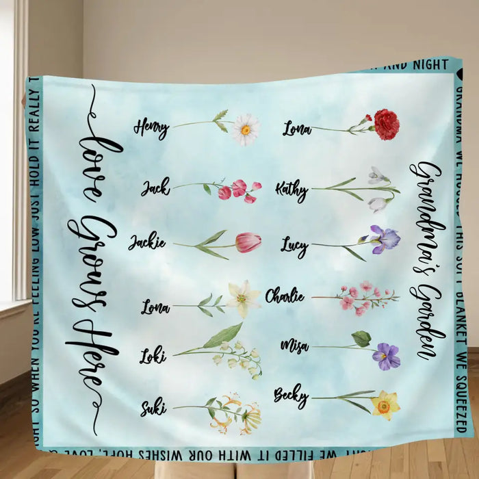 Personalized Grandma Garden Quilt/Single Layer Fleece Blanket - Gift Idea For Grandma - Upto 12 Flowers - Grandma's Garden