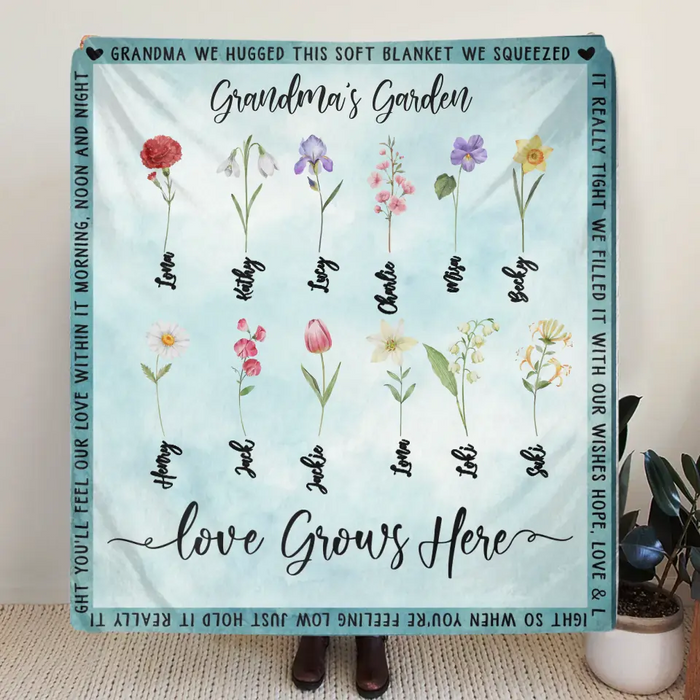 Personalized Grandma Garden Quilt/Single Layer Fleece Blanket - Gift Idea For Grandma - Upto 12 Flowers - Grandma's Garden