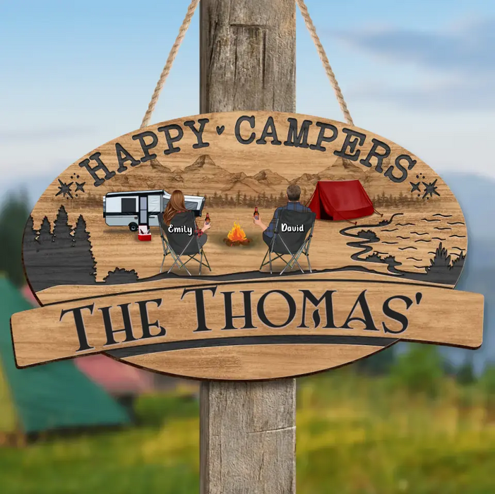 Custom Personalized Camping Couple Wooden Sign - Gift Idea For Camping Lover/ Couple - Couple/ Parents With Upto 2 Kids And 2 Pets - Happy Campers