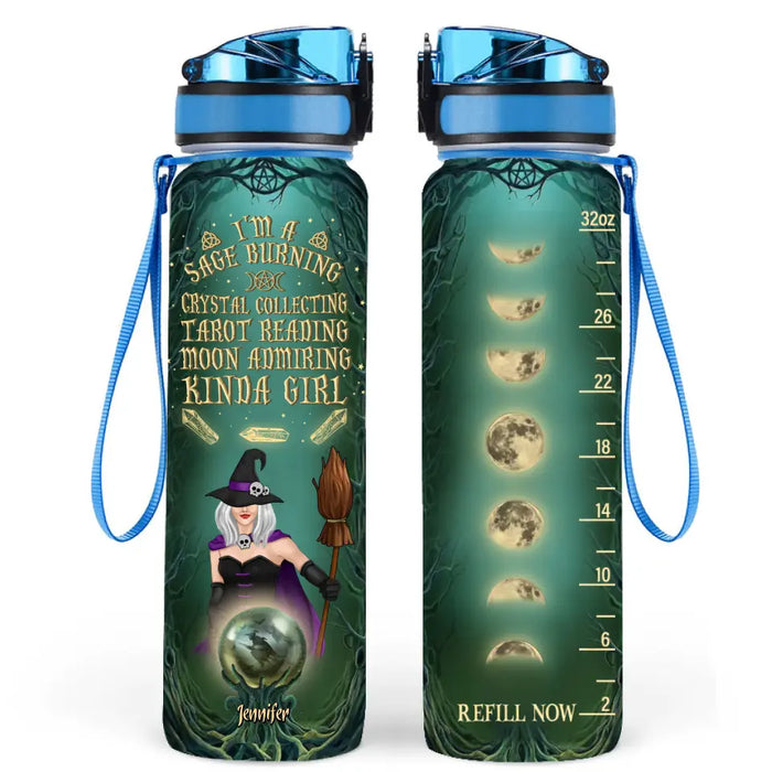 Custom Personalized Witch Water Tracker Bottle - Halloween Gift Idea - I'm A Sage Burning Crystal Collecting Tarot Reading Moon Admiring Kinda Girl