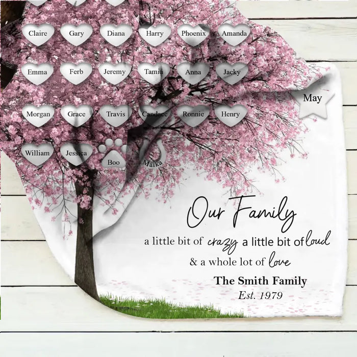 Custom Personalized Family Tree Fleece Throw Blanket/Quilt Blanket - Upto 30 People/Pets - Gift Idea for Family - Our Family A Little Bit Of Crazy A Little Bit Loud & A Whole Lot Of Love