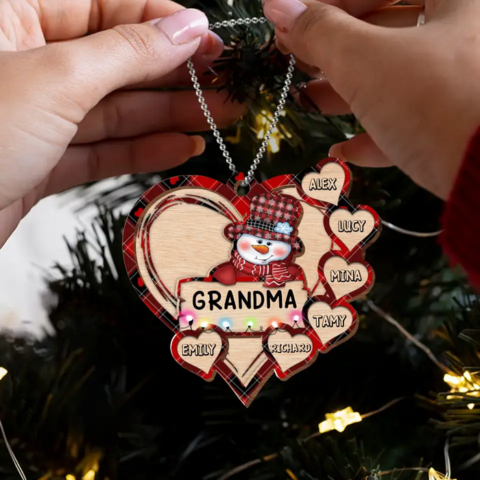 Custom Personalized Grandma Snowman 2 Layered Wooden Ornament - Upto 10 Kids - Christmas Gift To Grandma/ Nana/ Grandkid