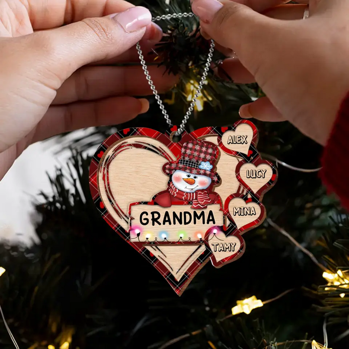 Custom Personalized Grandma Snowman 2 Layered Wooden Ornament - Upto 10 Kids - Christmas Gift To Grandma/ Nana/ Grandkid