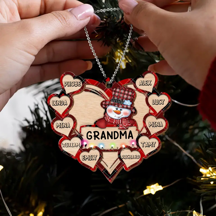 Custom Personalized Grandma Snowman 2 Layered Wooden Ornament - Upto 10 Kids - Christmas Gift To Grandma/ Nana/ Grandkid