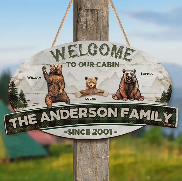 Custom Personalized Cabin Wooden Sign - Gift Idea For Couple/ Family/ Camping Lovers - Couple/ Adult With Upto 7 Kids - Welcome To Our Cabin