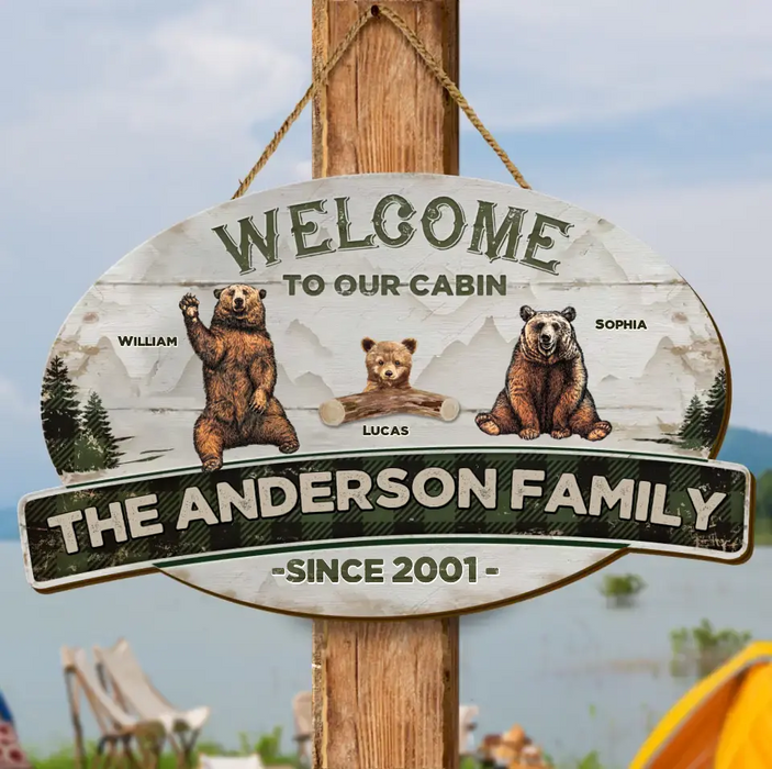 Custom Personalized Cabin Wooden Sign - Gift Idea For Couple/ Family/ Camping Lovers - Couple/ Adult With Upto 7 Kids - Welcome To Our Cabin