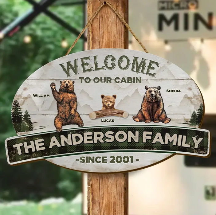 Custom Personalized Cabin Wooden Sign - Gift Idea For Couple/ Family/ Camping Lovers - Couple/ Adult With Upto 7 Kids - Welcome To Our Cabin