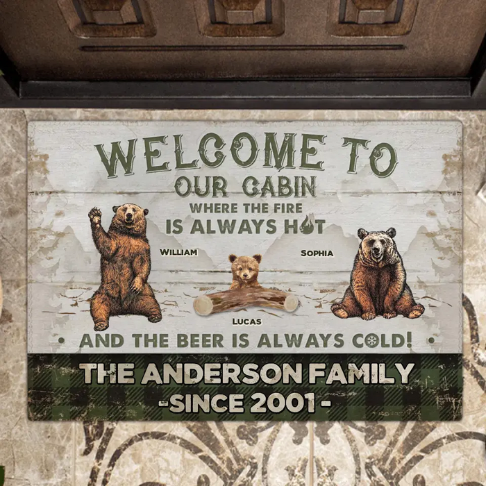 Custom Personalized Cabin Doormat - Gift Idea For Couple/ Family/ Camping Lovers - Couple/ Adult With Upto 7 Kids - Welcome To Our Cabin