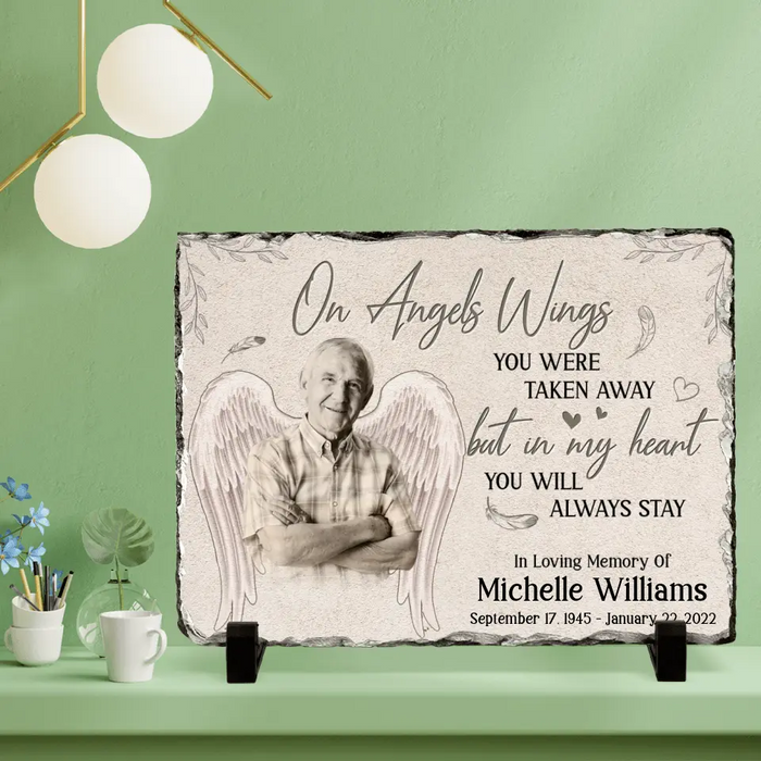 Custom Personalized Memorial Photo Lithograph - Memorial Gift Idea - On Angels Wings You Were Taken Away But In My Heart You Will Always Stay