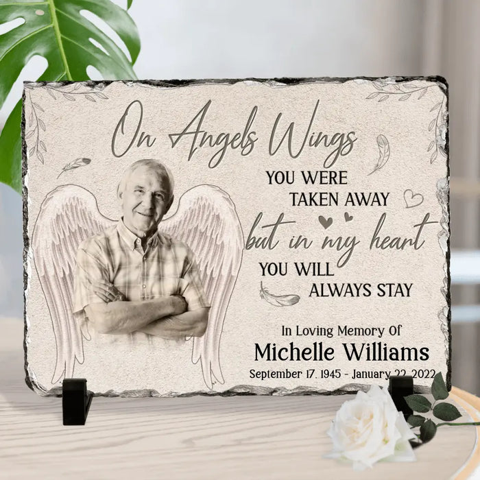 Custom Personalized Memorial Photo Lithograph - Memorial Gift Idea - On Angels Wings You Were Taken Away But In My Heart You Will Always Stay