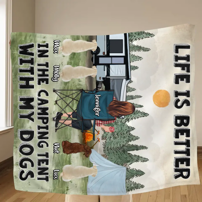 Personalized Camping Quilt/Single Layer Fleece Blanket/Pillow Cover - Gift Idea For Girl & Dogs - Upto 4 Dogs - Life Is Better In The Camping Tent With My Dogs