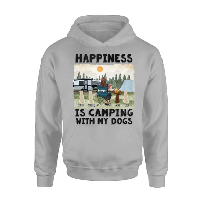 Personalized Camping Shirt/Hoodie - Gift Idea For Girl & Dogs - Upto 4 Dogs - Happiness Is Camping With My Dogs