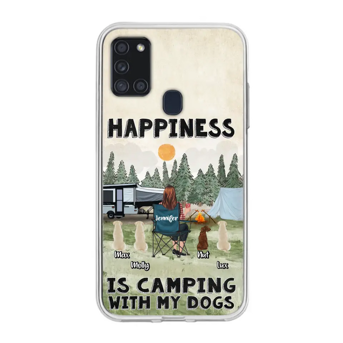 Personalized Camping Phone Case - Gift Idea For Girl & Dogs - Upto 4 Dogs - Happiness Is Camping With My Dogs - Case For iPhone/Samsung