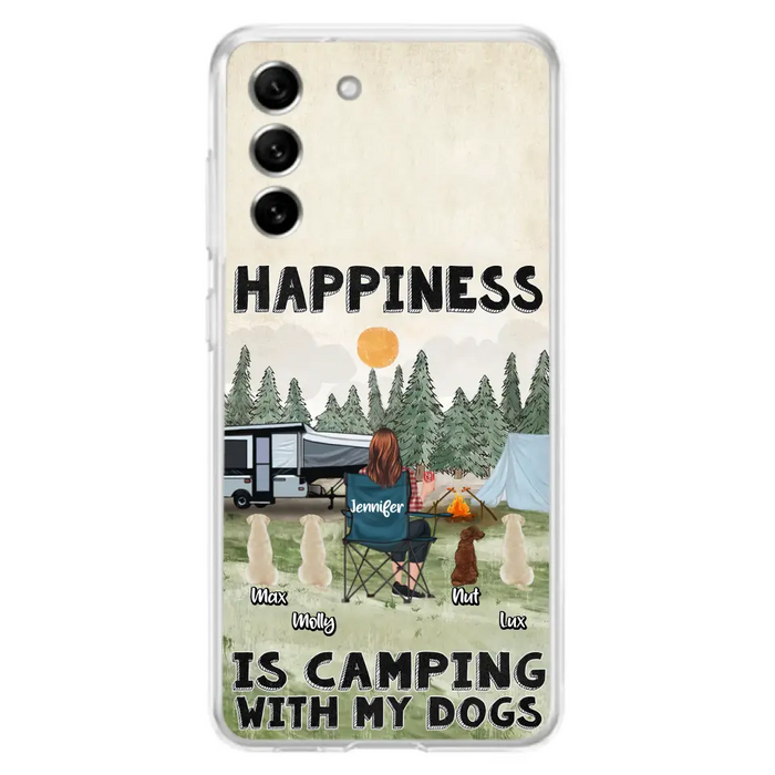 Personalized Camping Phone Case - Gift Idea For Girl & Dogs - Up to 4 Dogs - Happiness Is Camping With My Dogs - Case For iPhone/Samsung