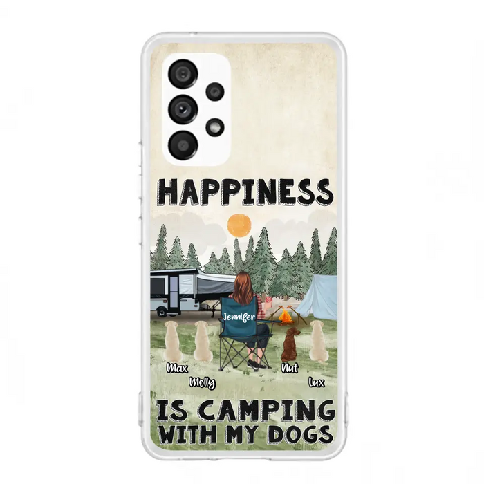 Personalized Camping Phone Case - Gift Idea For Girl & Dogs - Upto 4 Dogs - Happiness Is Camping With My Dogs - Case For iPhone/Samsung